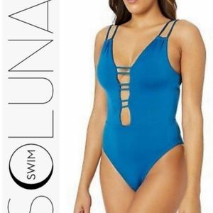 NEW Soluna Under The Sun Plunge High Cut Leg Ladder Back One Piece Swimsuit Sz L